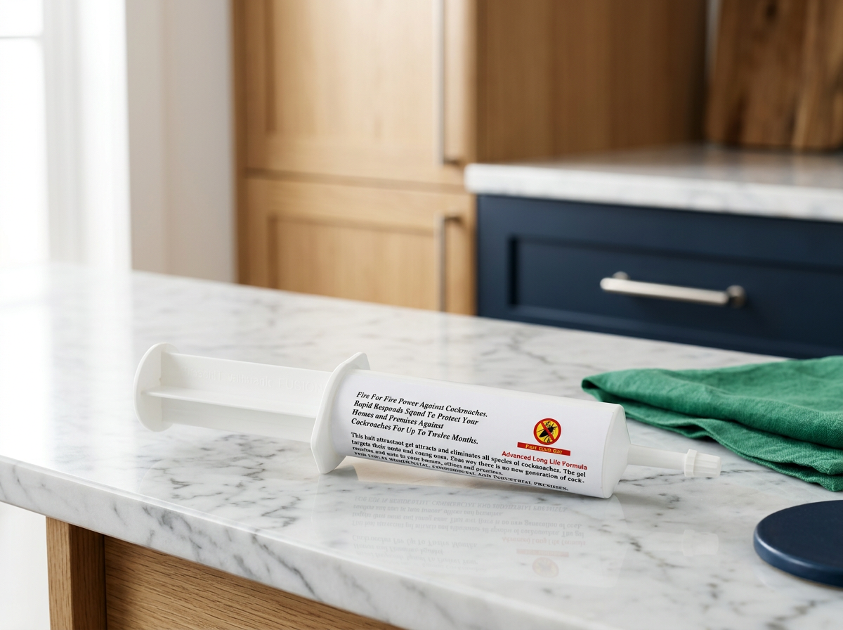 Pest Tech Gel Advance Formula 60ml syringe on a kitchen counter